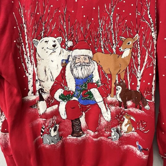 VTG Red Christmas Sweatshirt Large-Deer-Santa-rabbits-ugly Christmas-glitter - Picture 2 of 9